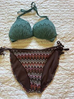Shade & Shore Teal Crochet Bikini Top with Brown & Multicolor Bottom